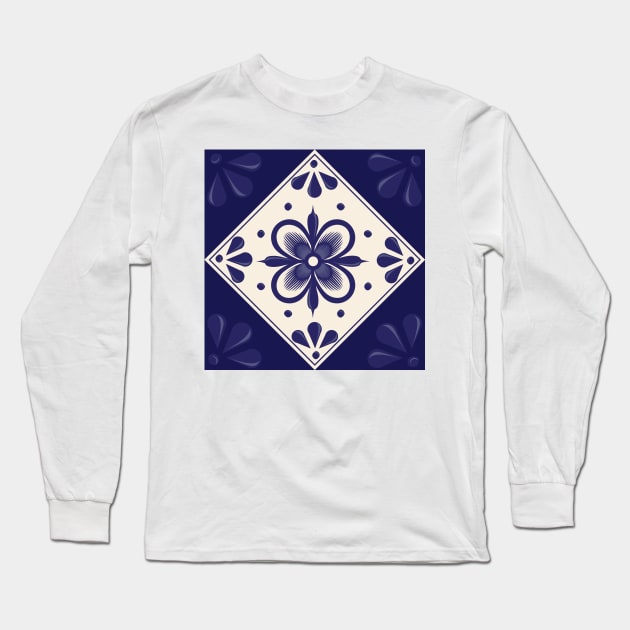 Blue Talavera Tile, Abstract flower by Akbaly Long Sleeve T-Shirt by Akbaly